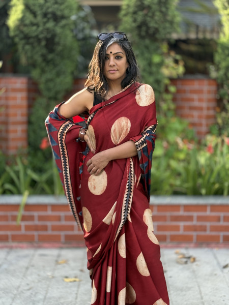 MAROON-OFF WHITE MODAL SILK AJRAKH BLOCK PRINT SARI