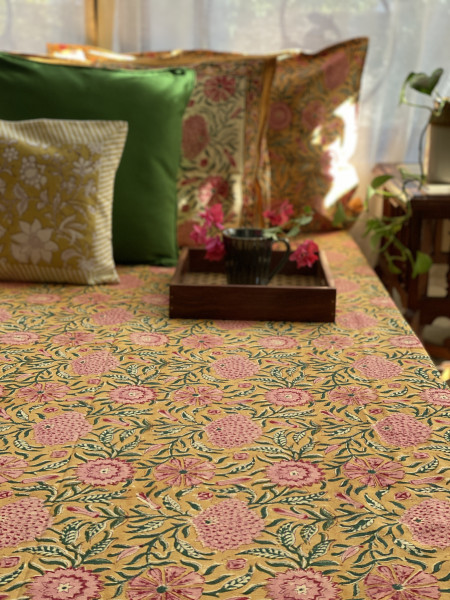 MUSTARD COTTON HAND BLOCK PRINT KING BEDSHEET