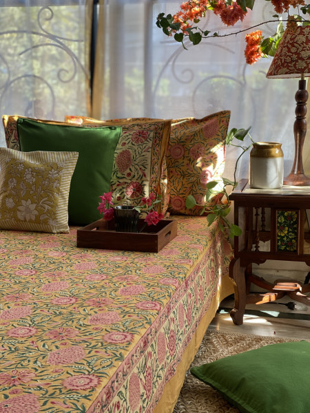 MUSTARD COTTON HAND BLOCK PRINT KING BEDSHEET