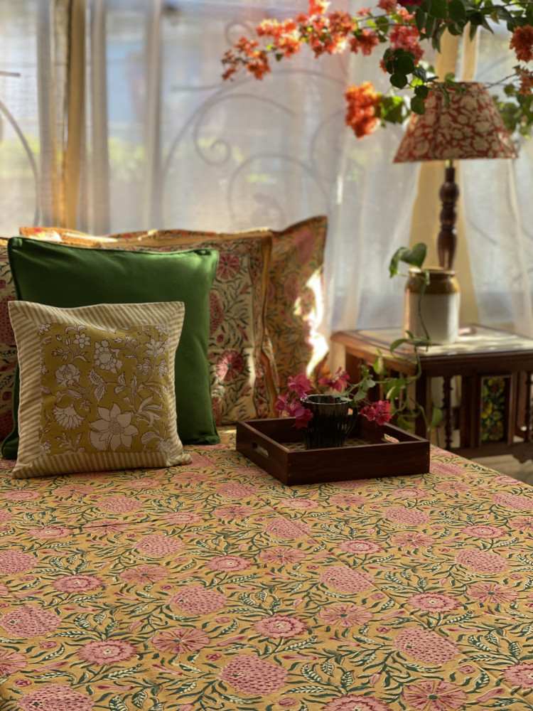 Image of MUSTARD COTTON HAND BLOCK PRINT KING BEDSHEET