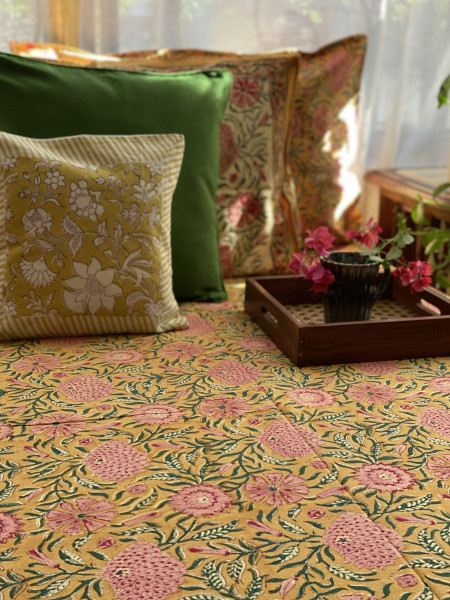 MUSTARD COTTON HAND BLOCK PRINT KING BEDSHEET