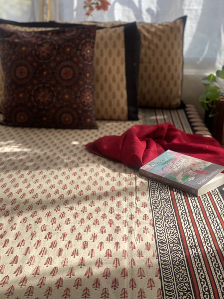 BEIGE COTTON "BAGH" HAND BLOCK PRINT DOUBLE BEDSHEET