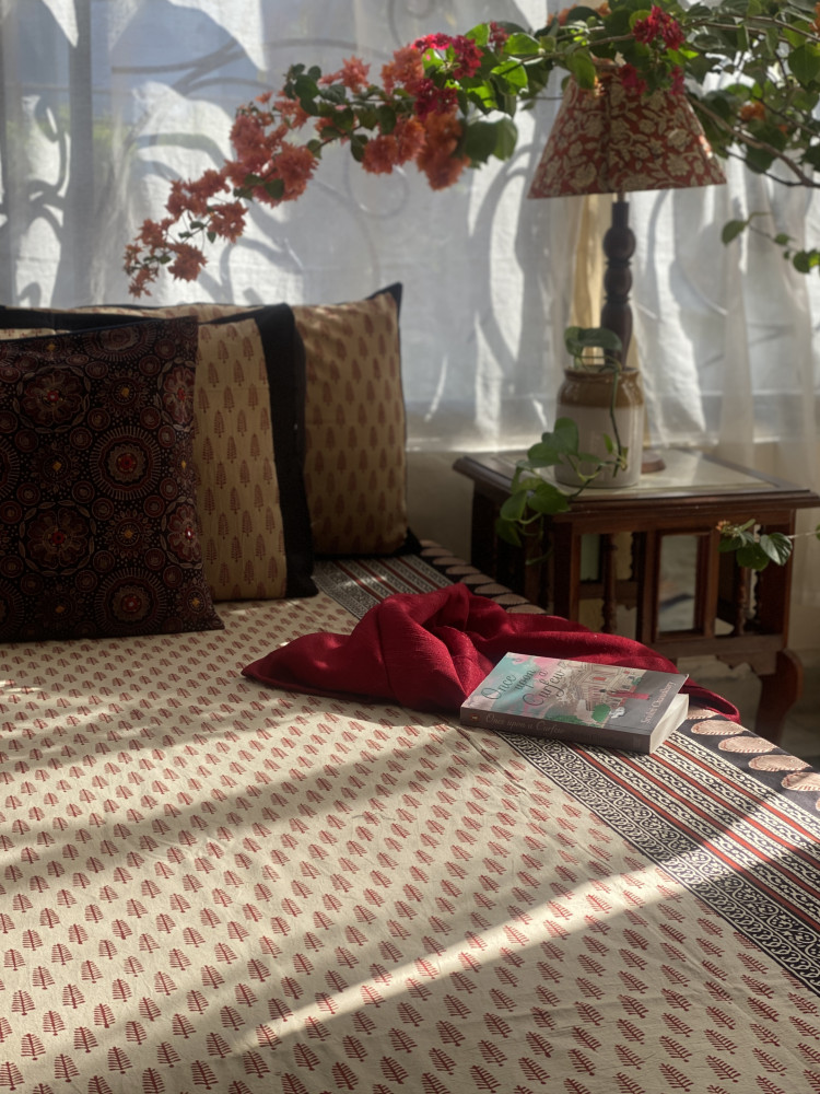 Image of BEIGE COTTON "BAGH" HAND BLOCK PRINT DOUBLE BEDSHEET