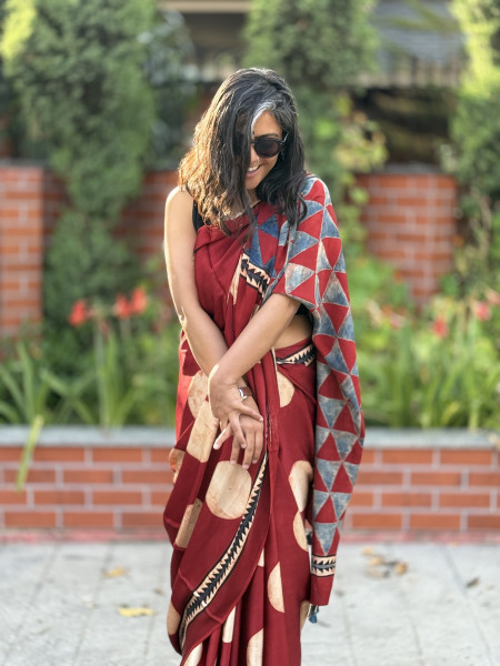 MAROON-OFF WHITE MODAL SILK AJRAKH BLOCK PRINT SARI