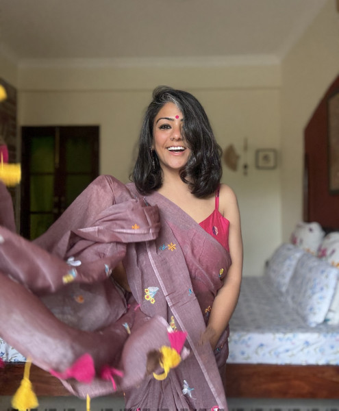 DUSTY TAUPE BROWN COTTON MULMUL EMBROIDERED SARI
