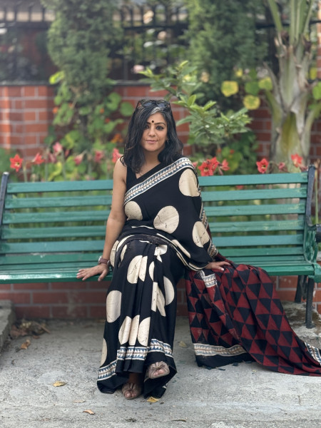 BLACK-OFF WHITE MODAL SILK AJRAKH BLOCK PRINT SARI