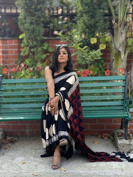 BLACK-OFF WHITE MODAL SILK AJRAKH BLOCK PRINT SARI
