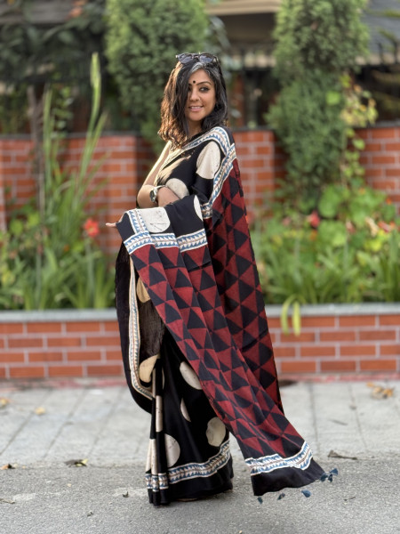BLACK-OFF WHITE MODAL SILK AJRAKH BLOCK PRINT SARI