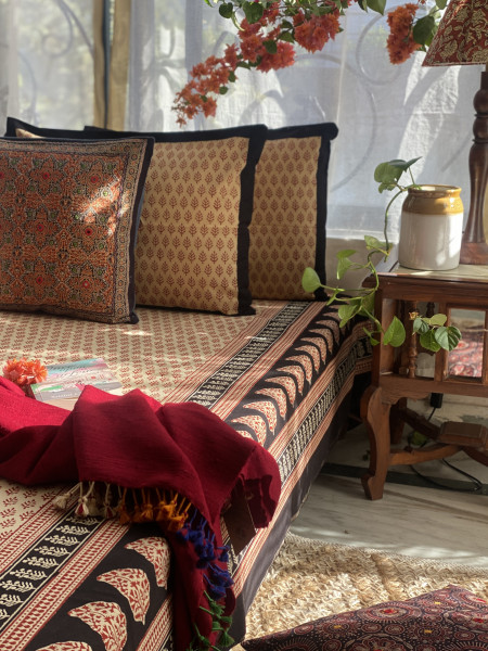 BEIGE COTTON "BAGH" HAND BLOCK PRINT DOUBLE BEDSHEET