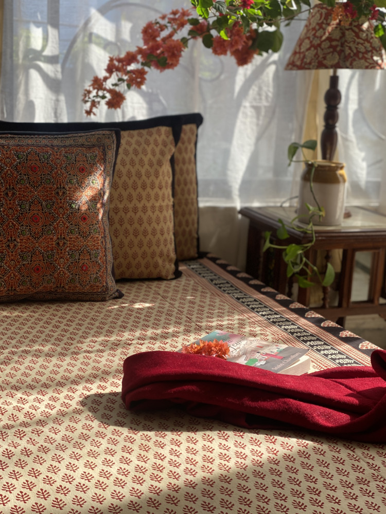 Image of BEIGE COTTON "BAGH" HAND BLOCK PRINT DOUBLE BEDSHEET