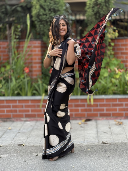 BLACK-OFF WHITE MODAL SILK AJRAKH BLOCK PRINT SARI