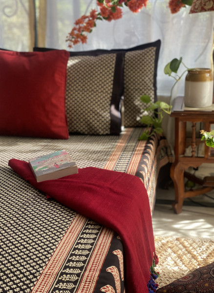 BLACK COTTON "BAGH" HAND BLOCK PRINT DOUBLE BEDSHEET