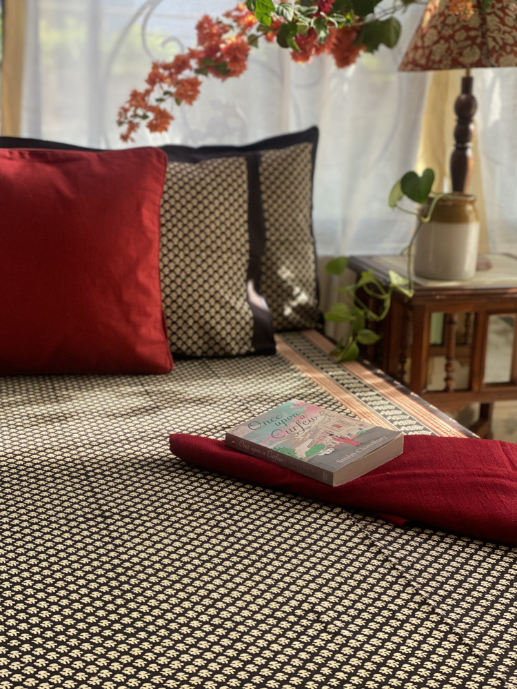 Image of BLACK COTTON "BAGH" HAND BLOCK PRINT DOUBLE BEDSHEET