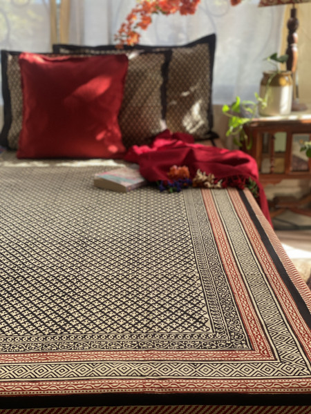 BLACK COTTON "BAGH" HAND BLOCK PRINT DOUBLE BEDSHEET
