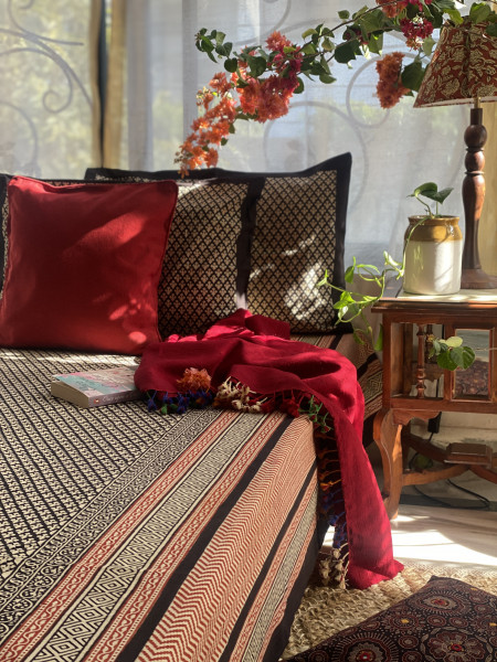 BLACK COTTON "BAGH" HAND BLOCK PRINT DOUBLE BEDSHEET