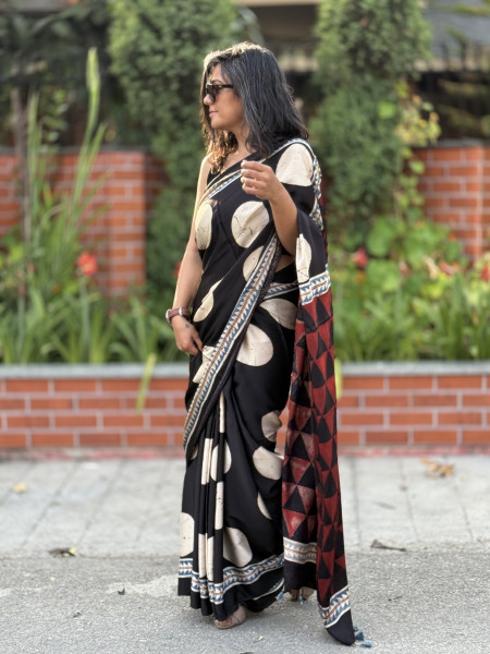 BLACK-OFF WHITE MODAL SILK AJRAKH BLOCK PRINT SARI