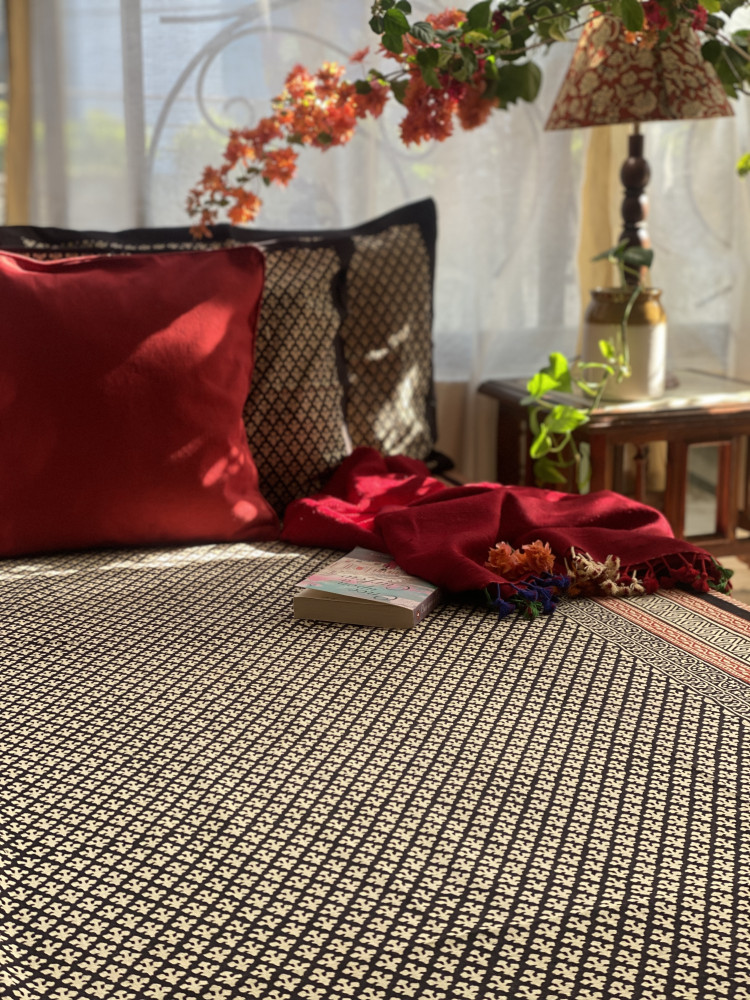 Image of BLACK COTTON "BAGH" HAND BLOCK PRINT DOUBLE BEDSHEET