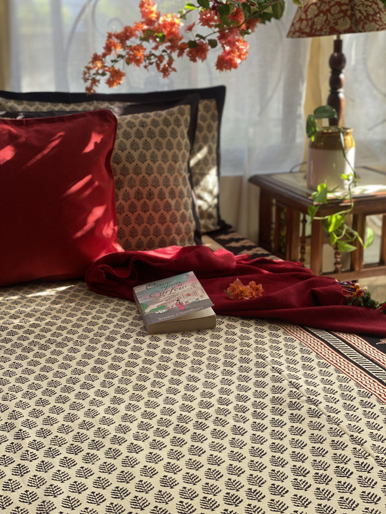 Image of BEIGE COTTON "BAGH" HAND BLOCK PRINT DOUBLE BEDSHEET