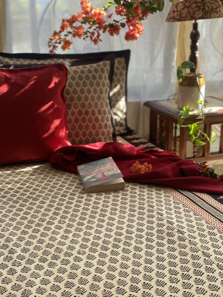 BEIGE COTTON "BAGH" HAND BLOCK PRINT DOUBLE BEDSHEET