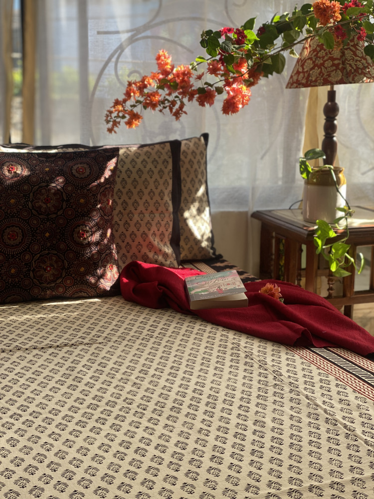Image of BEIGE COTTON "BAGH" HAND BLOCK PRINT DOUBLE BEDSHEET