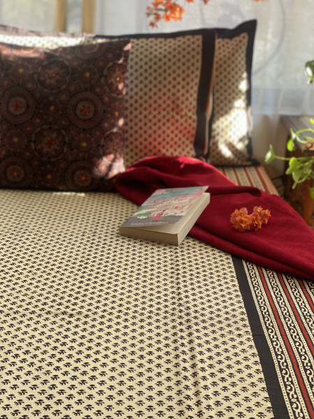 BEIGE COTTON "BAGH" HAND BLOCK PRINT DOUBLE BEDSHEET