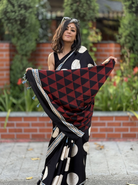 BLACK-OFF WHITE MODAL SILK AJRAKH BLOCK PRINT SARI