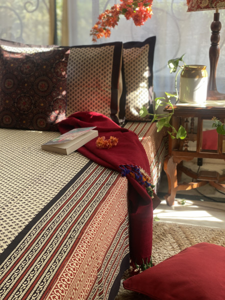 BEIGE COTTON "BAGH" HAND BLOCK PRINT DOUBLE BEDSHEET