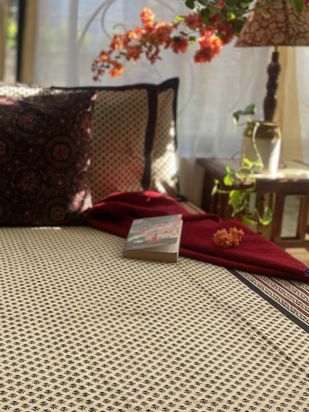 BEIGE COTTON "BAGH" HAND BLOCK PRINT DOUBLE BEDSHEET