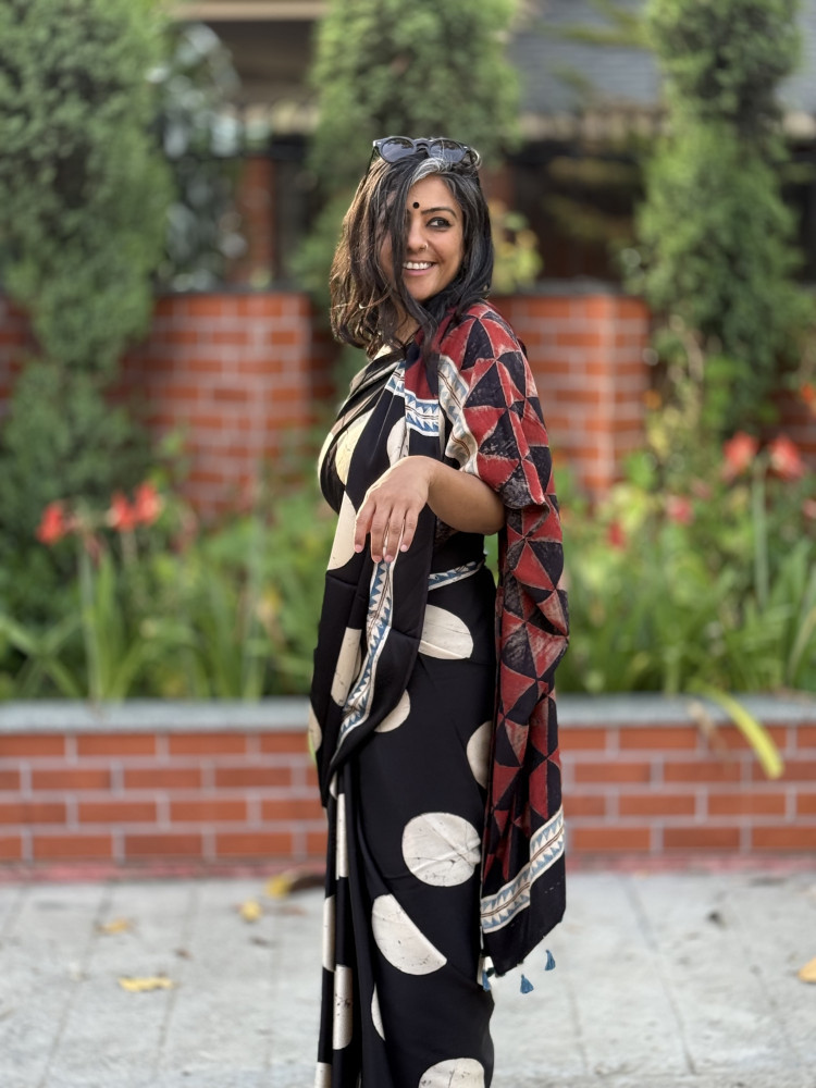 Image of BLACK-OFF WHITE MODAL SILK AJRAKH BLOCK PRINT SARI