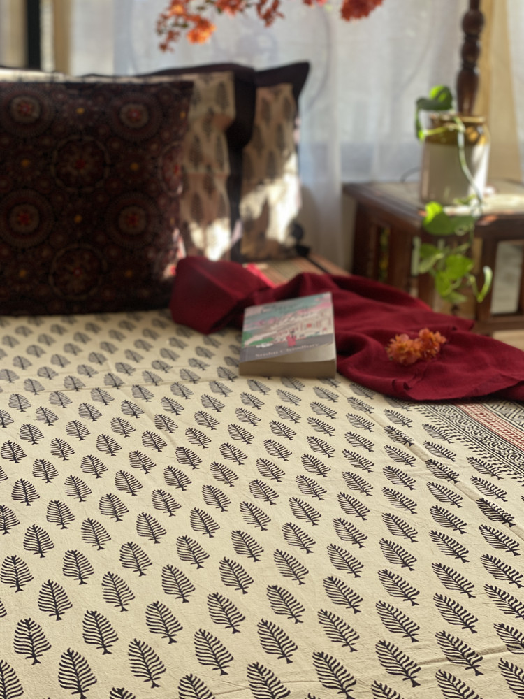 Image of BEIGE COTTON "BAGH" HAND BLOCK PRINT DOUBLE BEDSHEET