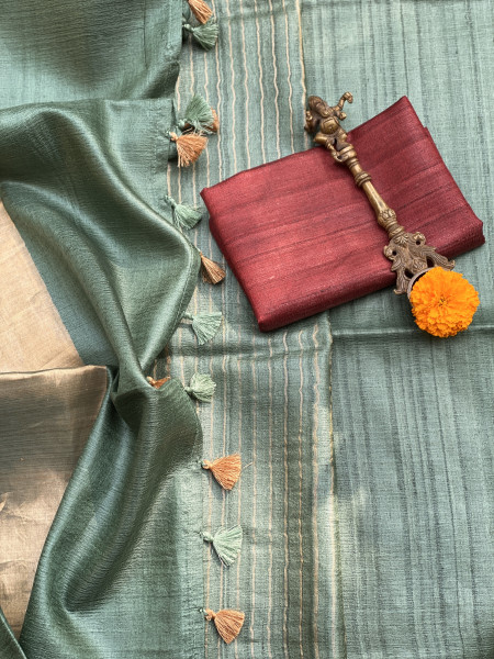 SAGE GREEN DESI TUSSAR SILK WOVEN ZARI SARI