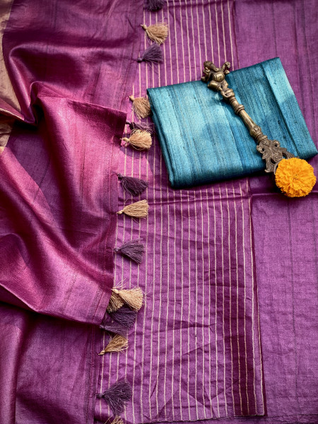 WINE DESI TUSSAR SILK WOVEN ZARI SARI