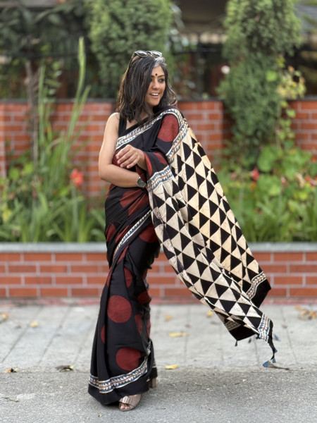 BLACK-MAROON MODAL SILK AJRAKH BLOCK PRINT SARI