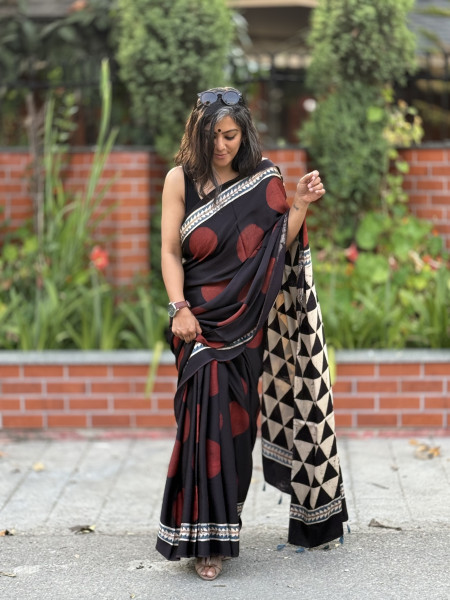 BLACK-MAROON MODAL SILK AJRAKH BLOCK PRINT SARI