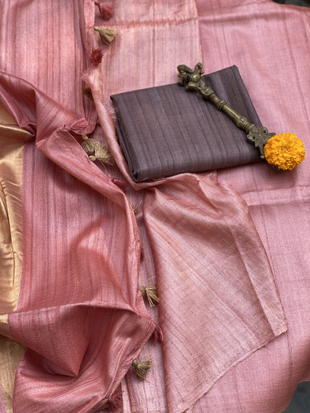 PEACH DESI TUSSAR SILK WOVEN ZARI SARI