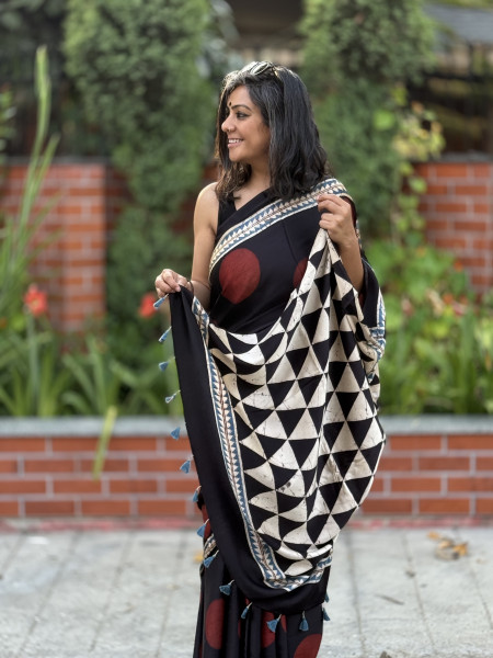BLACK-MAROON MODAL SILK AJRAKH BLOCK PRINT SARI