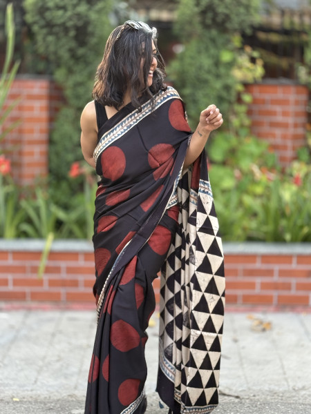 BLACK-MAROON MODAL SILK AJRAKH BLOCK PRINT SARI