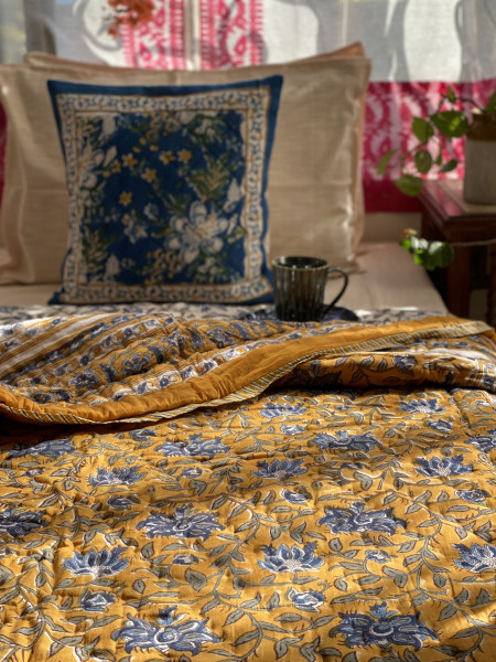 MUSTARD Cotton Block Print DOUBLE JAIPURI RAZAI