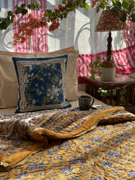 MUSTARD Cotton Block Print DOUBLE JAIPURI RAZAI