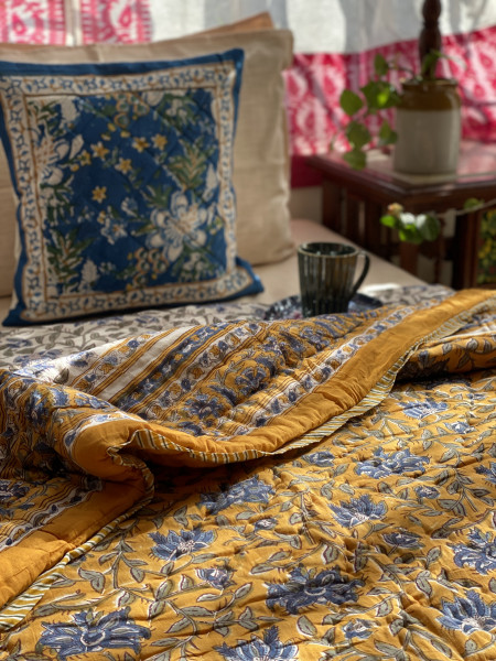 MUSTARD Cotton Block Print SINGLE JAIPURI RAZAI