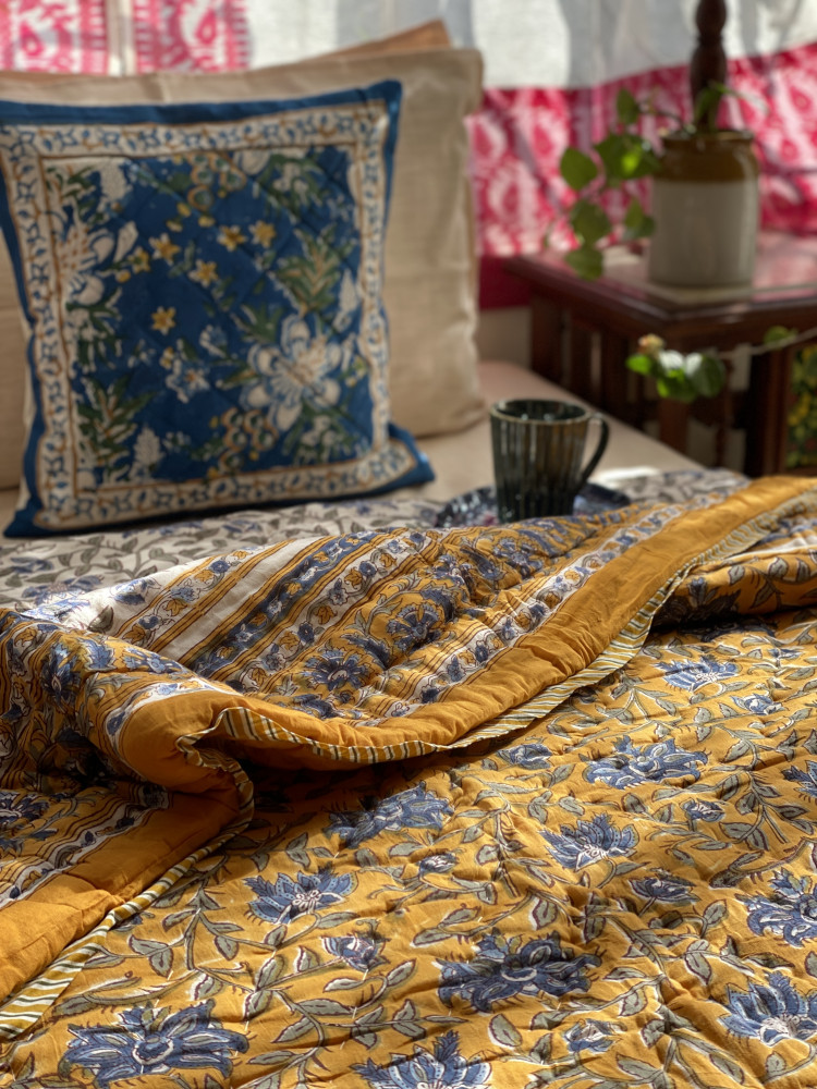 Image of MUSTARD Cotton Block Print DOUBLE JAIPURI RAZAI