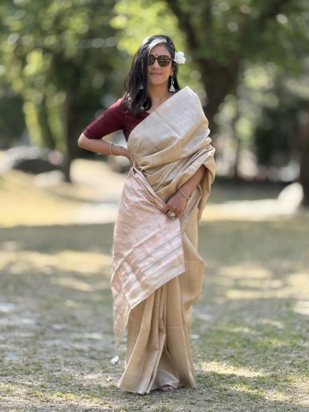 BEIGE HAND WOVEN TUSSAR SILK SARI