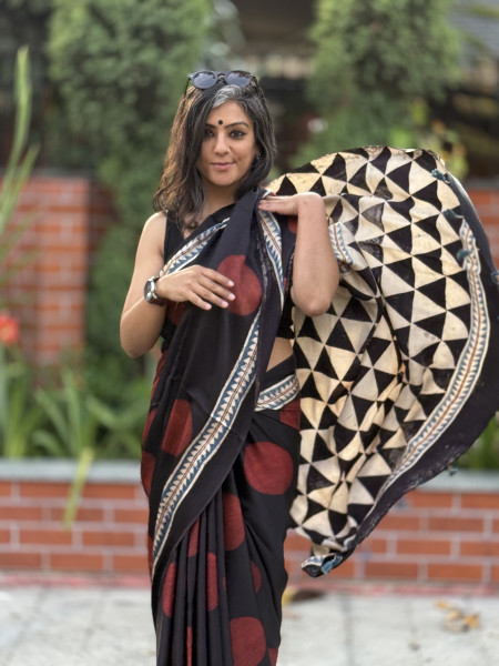 BLACK-MAROON MODAL SILK AJRAKH BLOCK PRINT SARI