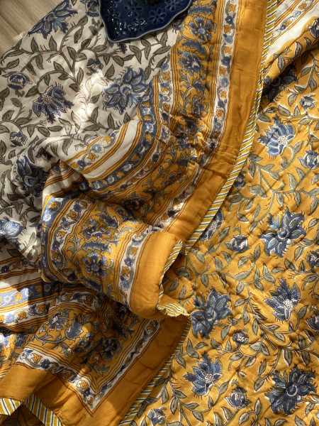 MUSTARD Cotton Block Print DOUBLE JAIPURI RAZAI
