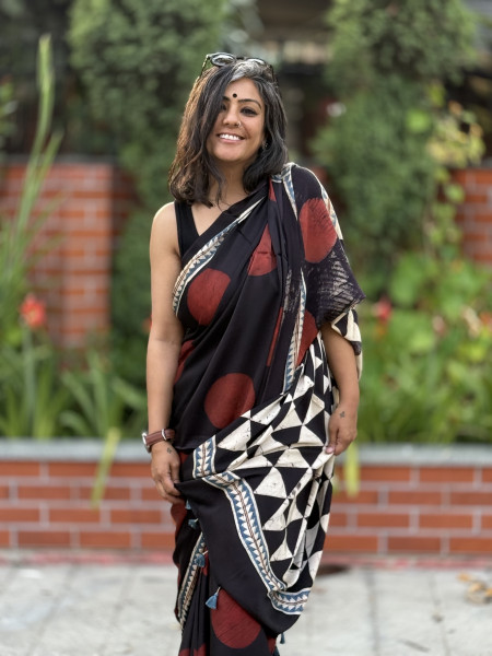 BLACK-MAROON MODAL SILK AJRAKH BLOCK PRINT SARI