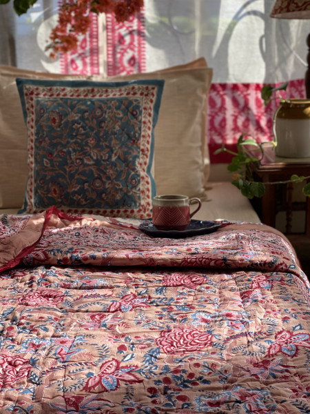 SALMON Cotton Block Print DOUBLE JAIPURI RAZAI