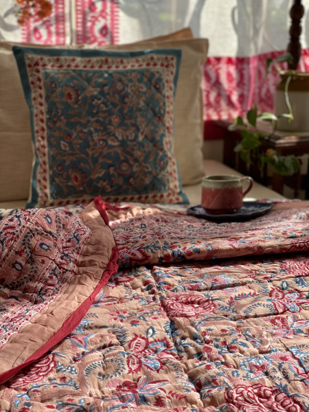 SALMON Cotton Block Print DOUBLE JAIPURI RAZAI