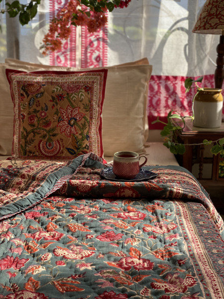 TEAL Cotton Block Print SINGLE JAIPURI RAZAI