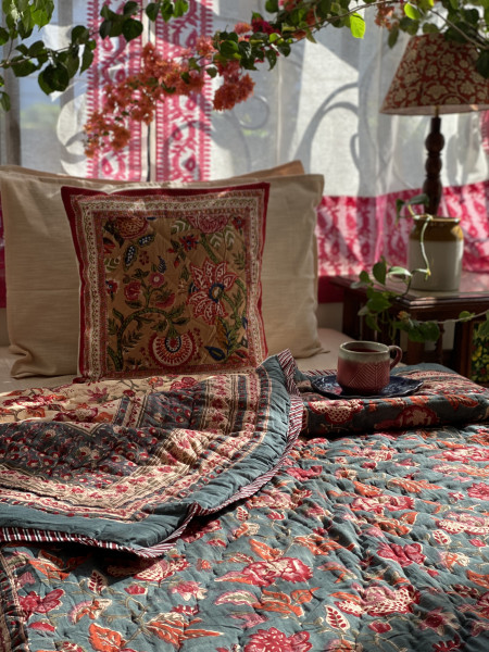 TEAL Cotton Block Print SINGLE JAIPURI RAZAI