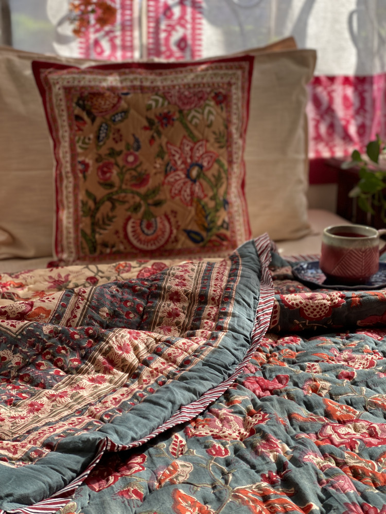 Image of TEAL Cotton Block Print SINGLE JAIPURI RAZAI